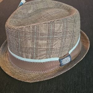 Brown Plaid Bucket Hat with‎ Blue Ribbon